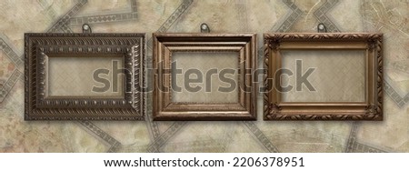 Set of wooden vintage gold modern frames for museum exhibition on old, worn retro wall