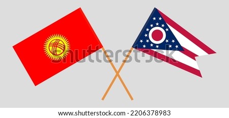 Crossed flags of Kyrgyzstan and the State of Ohio. Official colors. Correct proportion. Vector illustration
