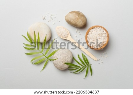 Composition with spa products on color background, top view.