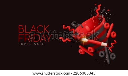 Black Friday super sale. Promo background with realistic 3D cartoon style elements, red party hat, confetti and magic wand, percent symbols. Promotion banner, web poster. Vector Illustration