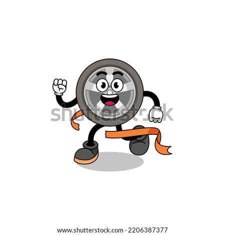Mascot cartoon of car wheel running on finish line , character design