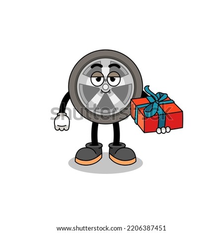 car wheel mascot illustration giving a gift , character design