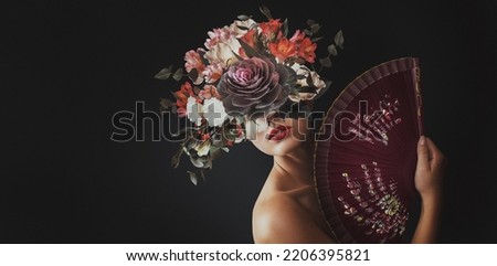 Abstract contemporary art collage portrait of young woman with flowers Royalty-Free Stock Photo #2206395821