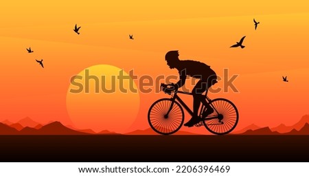 Vector cyclist silhouette ride on sunset sky background. Cycle rider move on desert highway illustration. American bike sport motivation poster. One man triathlon side view wallpaper. Speed bike race