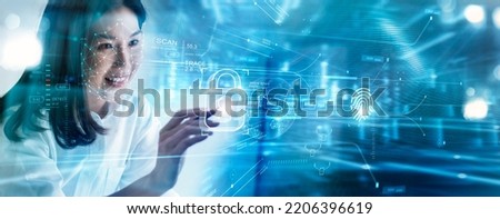 Cyber security and data protection. Women are encrypting to access private information through face id and Scanned fingerprint to verify of identity on virtual interface network. Smart innovation. Royalty-Free Stock Photo #2206396619