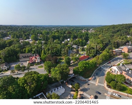 Belmont historic town center aerial view including First Unitarian Universalist Church and Belmont Depot, Belmont, Massachusetts MA, USA. 