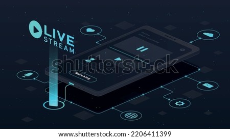 Live stream concept. Smartphone with video or audio. Blogging and Internet communication. Graphic element for website. Modern technologies and digital world, innovations. Isometric vector illustration