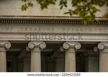 Lettering "The Treasury Department" on the Facade of the United States Treasury Department Building in Washington, DC - USA Royalty-Free Stock Photo #2206423289