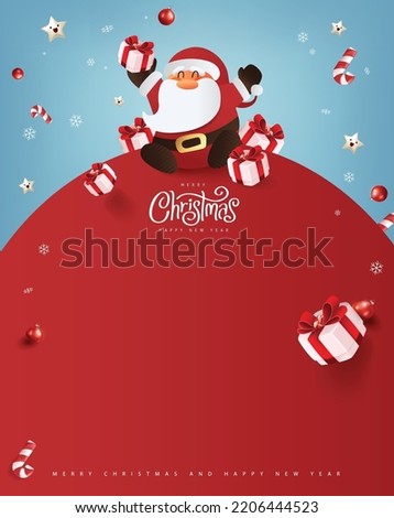 Santa Claus with a huge bag on the run to delivery christmas gifts at snow fall.Merry Christmas text Calligraphic Lettering Vector illustration.  Royalty-Free Stock Photo #2206444523