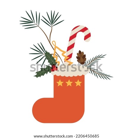Christmas red sock with spruce twigs decoration. vector illustration