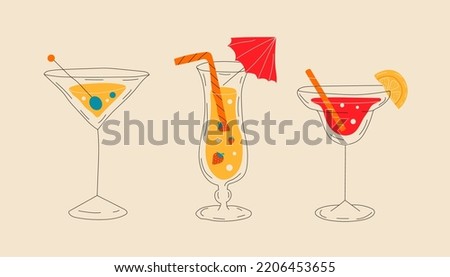 Cocktails collection, alcoholic and non-alcoholic summer drinks with ice cubes of lemon, lime, and strawberries. All elements are isolated	