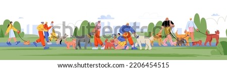 People walk and play with dogs in city park. Summer public garden landscape with dogs playground, green grass, road and animal owners walk with pets on leash, vector flat illustration