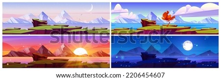 Sea or lake coast with green grass and tree at different time of day. Summer landscape of river and mountains on horizon in early morning, night, sunset and noon, vector cartoon illustrations set Royalty-Free Stock Photo #2206454607