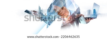 Digital technology, Business network connection, Teamwork, Deal, Partnership and data exchange, Investment analysis, planning and  strategy. Businessman working with digital device on smart city. Royalty-Free Stock Photo #2206462635