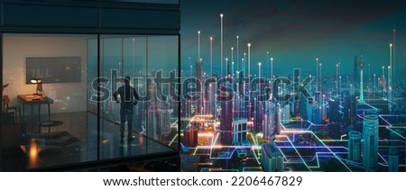 Businessman standing at office with abstract line and dot connect with gradient line design panoramic city view. Business success with smart big data technology concept