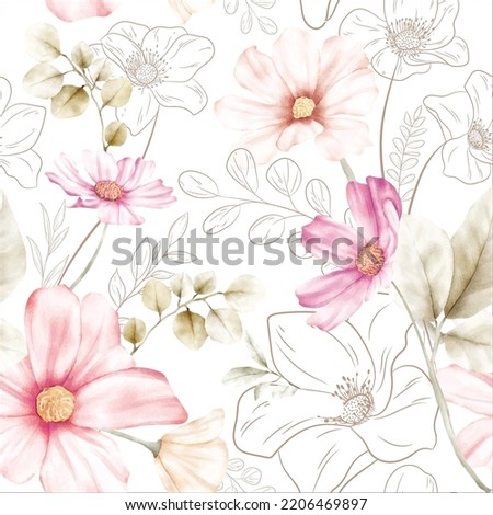 elegant flower line and watercolor floral seamless pattern