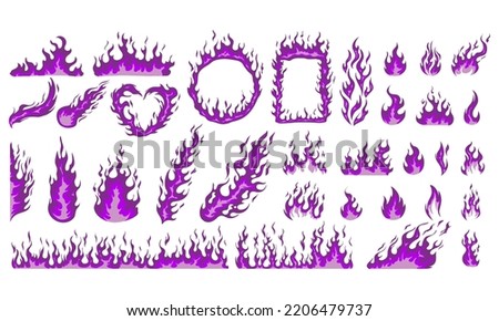 Set of purple flames vector illustration element, background, frame, effects, layout. Vector eps 10. Cartoon of flames.
