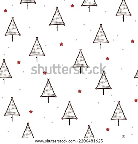 Seamless vector pattern with cute hand drawn Christmas trees and stars. Trendy Nordic winter texture. Scandi background for print, wrapping paper, textile, fabric, wallpaper, gift, card, packaging.