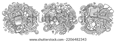 Winter cartoon vector doodle designs set. Sketchy detailed compositions with lot of cold season objects and symbols. Isolated on white illustrations