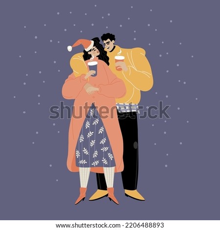 Cute couple in warm clothes and Santa Claus hat holding paper cups with mulled wine in their hands. Winter entertainment. Flat style illustration