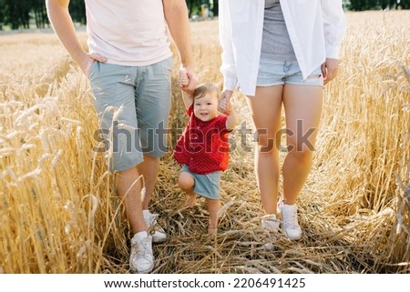 Healthy mother, father and little son enjoy nature together in the fresh air. A happy family with a child walks through a wheat field by the hands