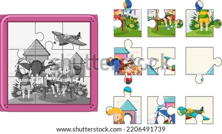 Children photo jigsaw puzzle game template illustration