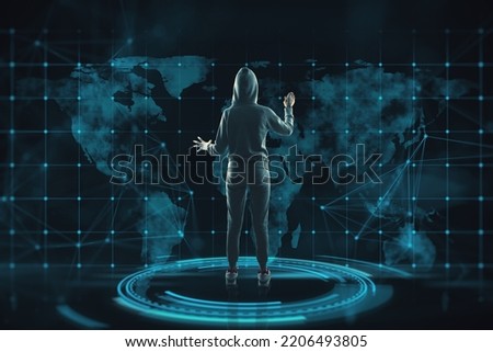 Back view of hacker standing in abstract interior with map hologram. Business, spy, data theft, and modern technology concept