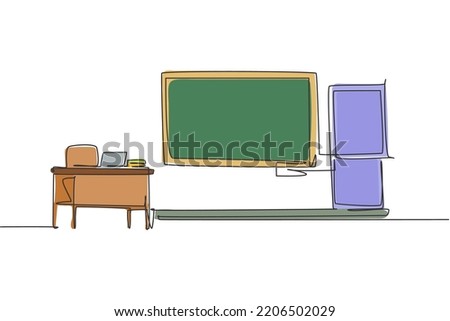 Single continuous line drawing school classroom interior with blackboard in front of class. Back to school minimalist style. Education concept. Modern one line draw graphic design vector illustration