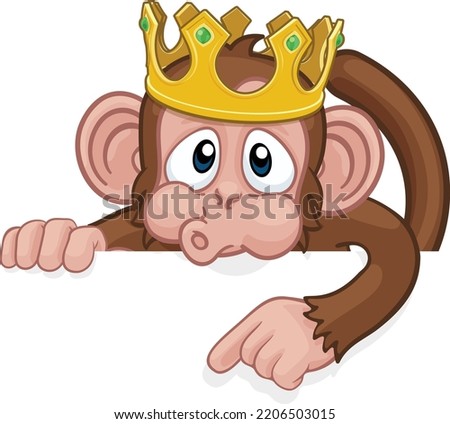A monkey king cartoon character animal wearing a crown peeking over a sign and pointing at it 