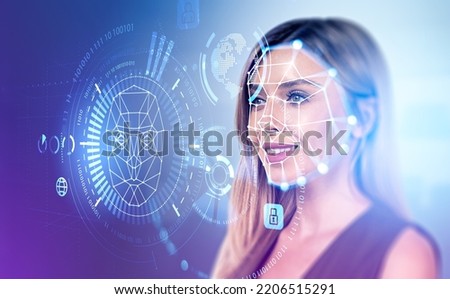 Businesswoman smiling portrait and digital biometric scanning hologram, face detection and recognition. Concept of machine learning. Royalty-Free Stock Photo #2206515291