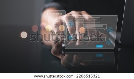Chatbot conversation assistant. Person using online customer service with chat bot to get support. Artificial intelligence and CRM software automation technology, customer support center Royalty-Free Stock Photo #2206515321