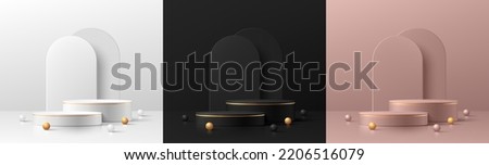 Set of 3D cylinder podium. Black, golden, silver and pink gold with luxury arch shape background. Abstract minimal wall scene for mockup products display. Round stage showcase. Vector geometric forms.