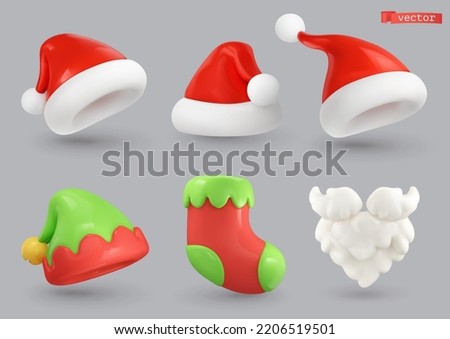 Santa hat, elf hat, sock, beard. 3d vector icon set Royalty-Free Stock Photo #2206519501