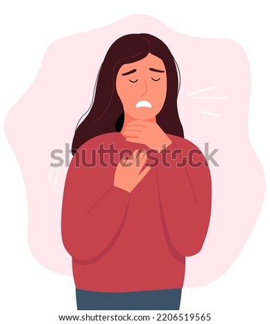 The girl is holding on to a sore throat. A person has angina. A sick character. Vector graphics. Royalty-Free Stock Photo #2206519565