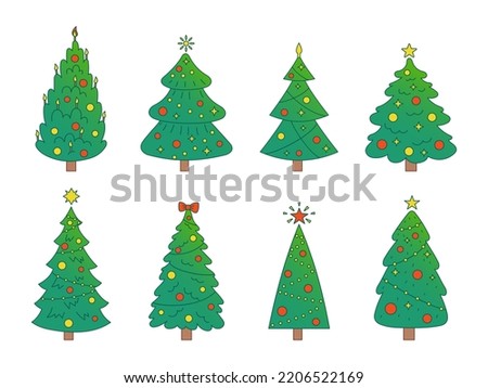 Vector New Year set with christmas trees. Evergreen trees with balls, stars and garlands. Gradient fir trees for Christmas. 