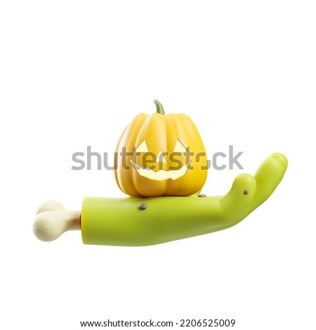 Cartoon zombie hand with scary pumpkin on white background. Concept of holiday and gifts. 3D rendering
