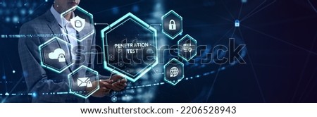 Cyber security data protection business technology privacy concept. Young businessman  select the icon PENETRATION TEST on the virtual display. Royalty-Free Stock Photo #2206528943