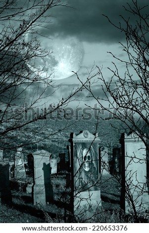 Halloween scary composition with old cemetery