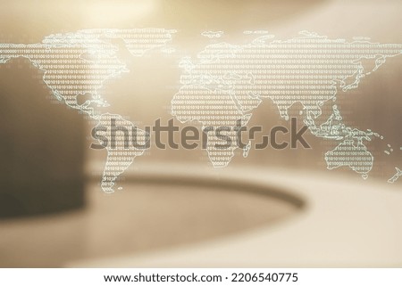 Multi exposure of abstract graphic world map on modern interior background, big data and networking concept