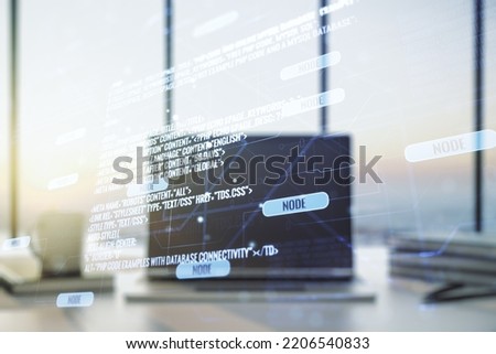 Multi exposure of abstract creative coding sketch on modern laptop background, artificial intelligence and neural networks concept