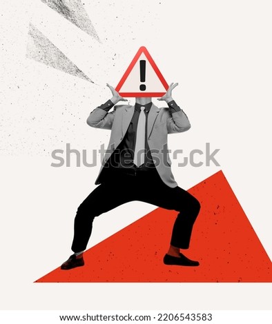 Contemporary art collage. Man in a suit with Danger triangle road sign head symbolizing warning . Concept of creativity, business, lifestyle, road signs design, surrealism. Copy space for ad