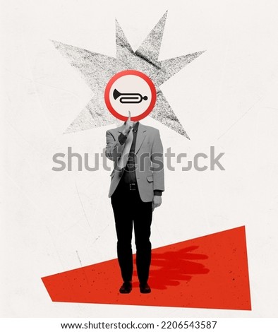 Contemporary art collage. Businessman with Horn prohibited road sign head symbolizing keeping silence at the meeting. Concept of creativity, business, lifestyle, road signs design, surrealism.