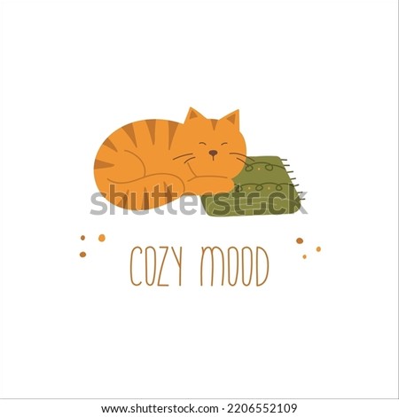 Postcard with cate and quote Cozy Mood. Vector warm and cozy hygge collection of autumn stickers and illustrations in cartoon style.