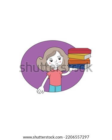 Cute girl character holding books clip art vector isolated on white background. Perfect for coloring book, textiles, icon, web, painting, children's books, t-shirt print.