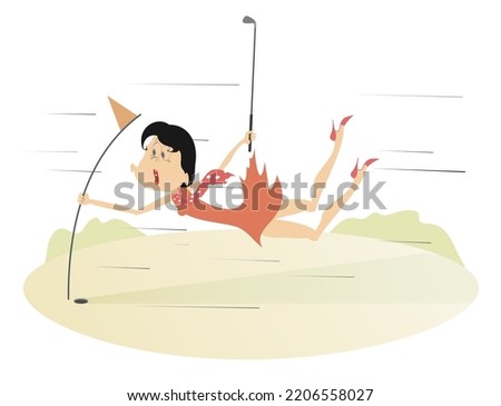 Bad weather and woman on the golf course illustration. Hurricane and frightened woman with a golf club catches the golf flag