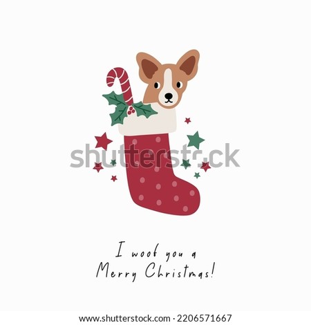 Cute cartoon dogs of different breeds and Christmas decorations, candy, gifts, garlands, cookies, bone. Festive vector illustration - dog on winter holidays in flat style. I woof you a Merry Christmas