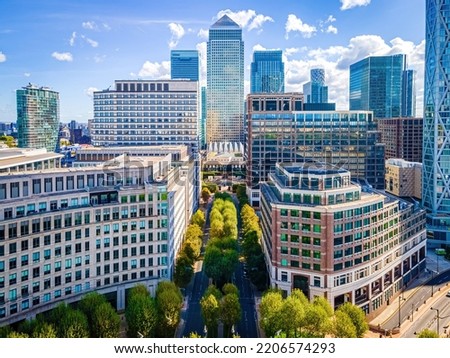 Aerial view of skyscrappers of the Canary Wharf, the business district of London on the Isle of Dogs, UK