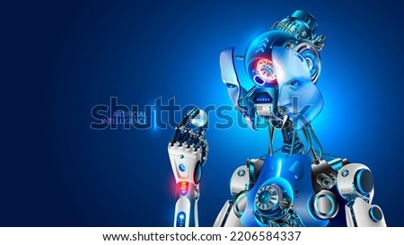 Robot with AI hold in hand core of electronic brain. Face cyborg opened for installation cybernetic artificial intelligence processor. Mechanical electronic machine acquires mind. Inside of robot head
