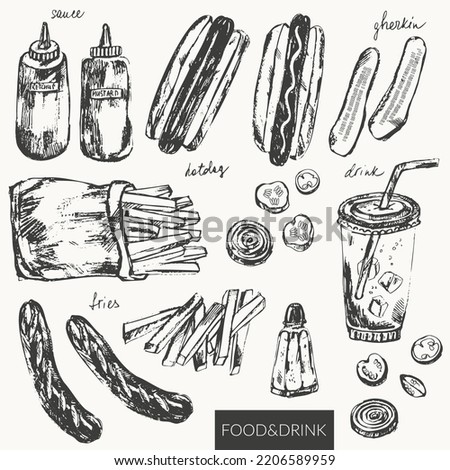 Hand drawn ink sketch of food and drink objects. Fast food hot dog, french fries, vegetable slices, ketchup and mustard bottles, soda drink. For menu design, background.