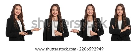 Collage with photos of hostess in uniform on white background. Banner design